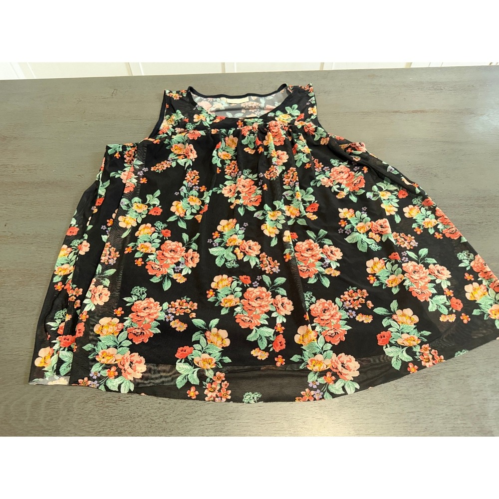 Bobbie Brooks Plus Size 2X Floral Mesh Tank Top Black Peach Rose Blouse